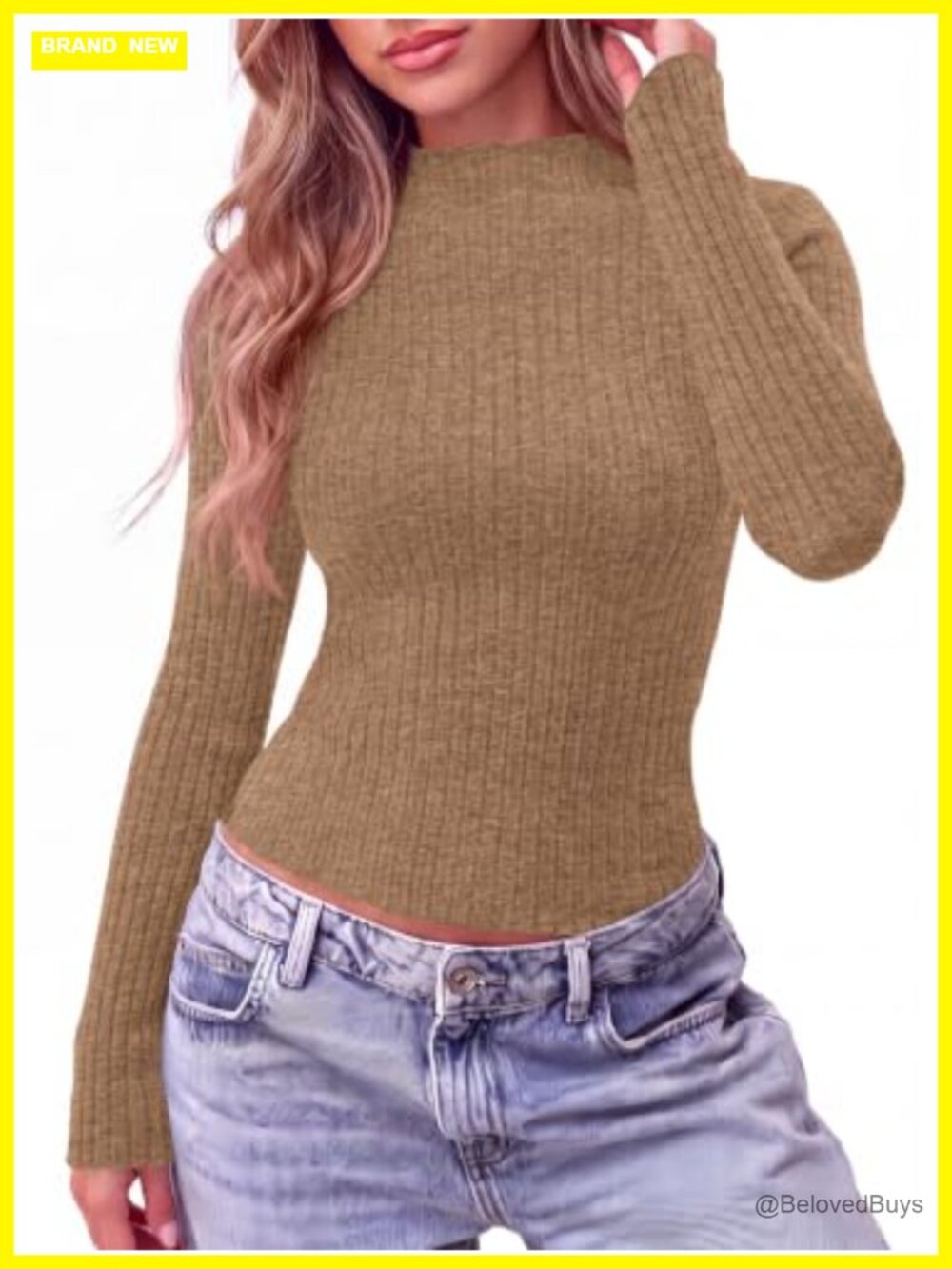 Womens Slim Fit Mock Neck Long Sleeve Pullover Sweater Lettuce Trim